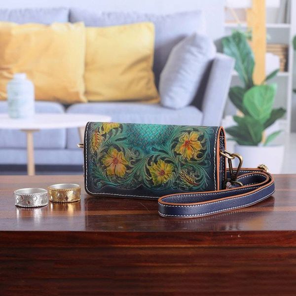 Alternate image for Floral Embossed Teal and Goldenrod Leather Clutch Sling Blooming Regality