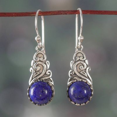 Alternate image for Lapis Lazuli Silver Dangle Earrings with Swirl Vine Motifs Nocturnal Bloom