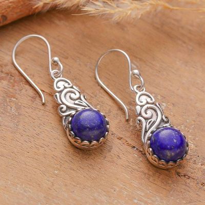 Alternate image for Lapis Lazuli Silver Dangle Earrings with Swirl Vine Motifs Nocturnal Bloom