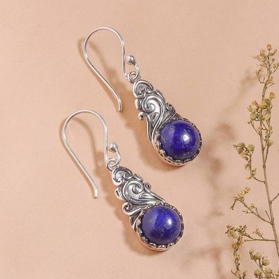 Alternate image for Lapis Lazuli Silver Dangle Earrings with Swirl Vine Motifs Nocturnal Bloom