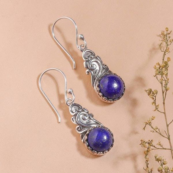 Alternate image for Lapis Lazuli Silver Dangle Earrings with Swirl Vine Motifs Nocturnal Bloom