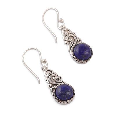 Alternate image for Lapis Lazuli Silver Dangle Earrings with Swirl Vine Motifs Nocturnal Bloom