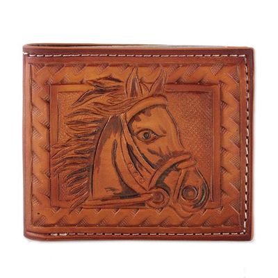 Alternate image for Horse-Themed Hand-Tooled Bifold Leather Wallet for Men Horse Power