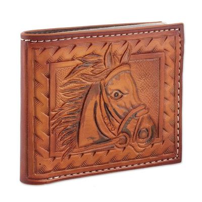 Alternate image for Horse-Themed Hand-Tooled Bifold Leather Wallet for Men Horse Power