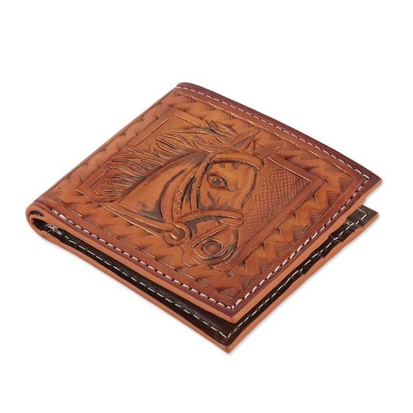 Alternate image for Horse-Themed Hand-Tooled Bifold Leather Wallet for Men Horse Power