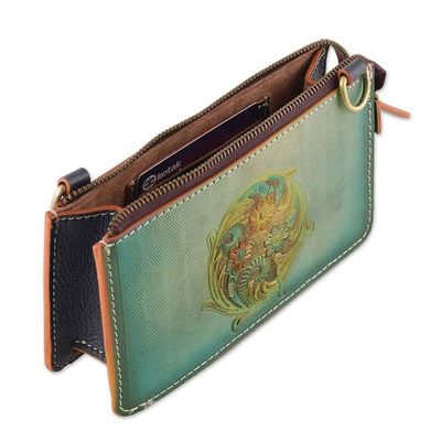 Alternate image for Blue Leather Sling with Floral Design and Removable Strap Circle of Blooms