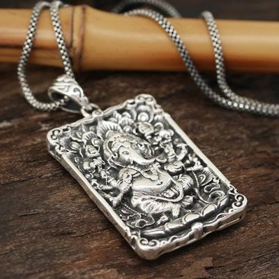 Primary image for Rectangular Sterling Silver Ganesha Necklace from India Mahaganapati