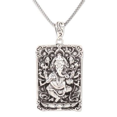Alternate image for Rectangular Sterling Silver Ganesha Necklace from India Mahaganapati