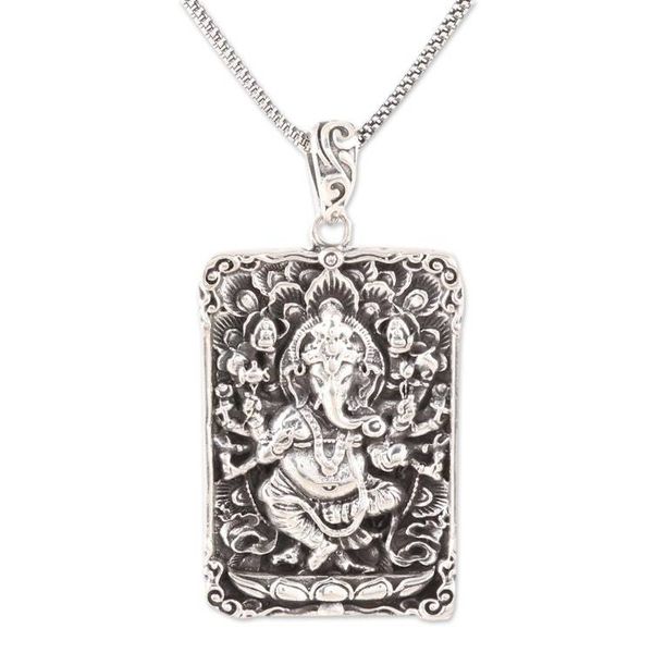 Alternate image for Rectangular Sterling Silver Ganesha Necklace from India Mahaganapati