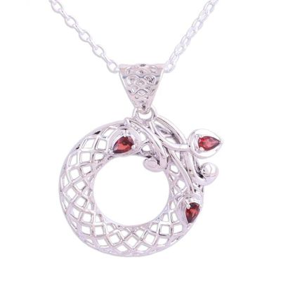 Alternate image for Handmade Floral Garnet Wreath Pendant Necklace from India Crimson Wreath