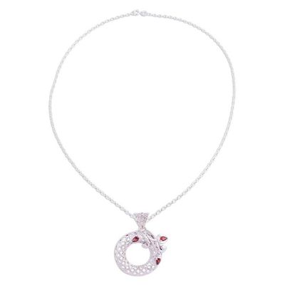 Alternate image for Handmade Floral Garnet Wreath Pendant Necklace from India Crimson Wreath