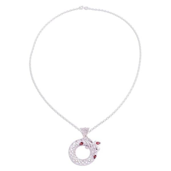 Alternate image for Handmade Floral Garnet Wreath Pendant Necklace from India Crimson Wreath