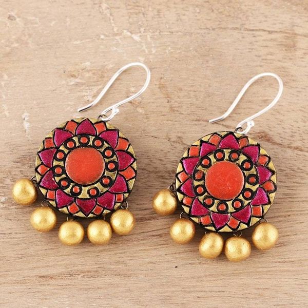 Alternate image for Floral Ceramic Dangle Earrings from India Mandala Flowers