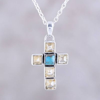 Alternate image for Citrine and Composite Turquoise Cross Necklace from India Golden Faith