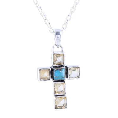 Alternate image for Citrine and Composite Turquoise Cross Necklace from India Golden Faith