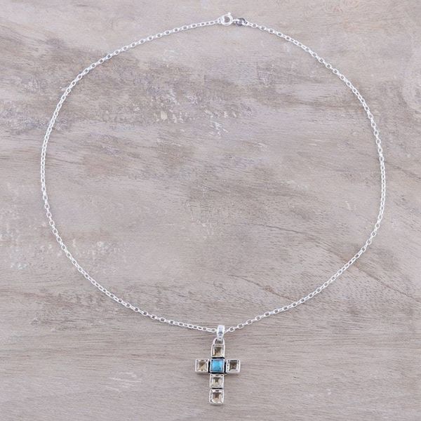 Alternate image for Citrine and Composite Turquoise Cross Necklace from India Golden Faith