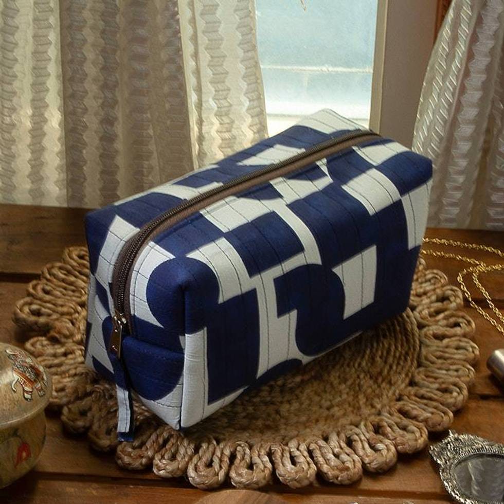 Abstract-Patterned Blue and White 100 Cotton Toiletry Case 'Avant-Garde Essential'