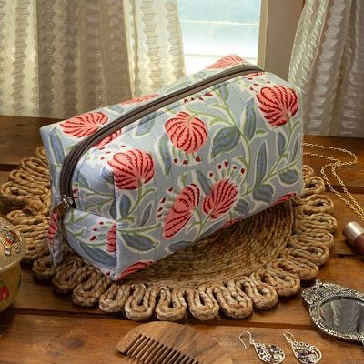 Alternate image for Spring-Patterned Blue and Red Zippered Cotton Toiletry Case Blossoming Itinerary