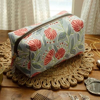 Alternate image for Spring-Patterned Blue and Red Zippered Cotton Toiletry Case Blossoming Itinerary