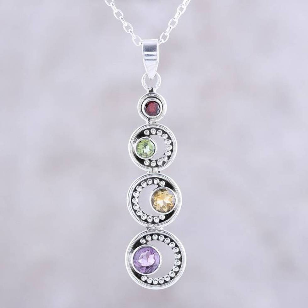Crescent Motif Multi-Gemstone Pendant Necklace from India 'Dancing Crescents'