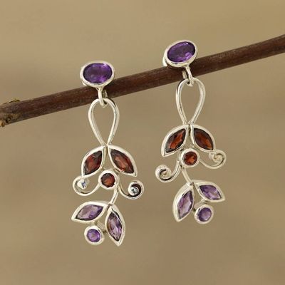 Alternate image for Amethyst and Garnet Dangle Earrings from India Leafy Dazzle