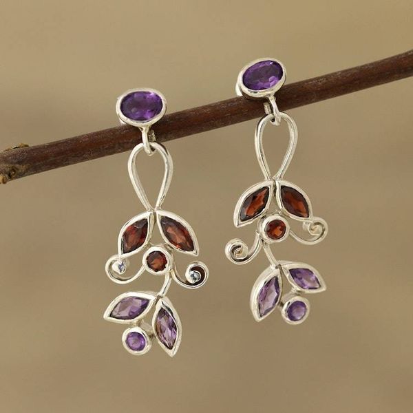 Alternate image for Amethyst and Garnet Dangle Earrings from India Leafy Dazzle