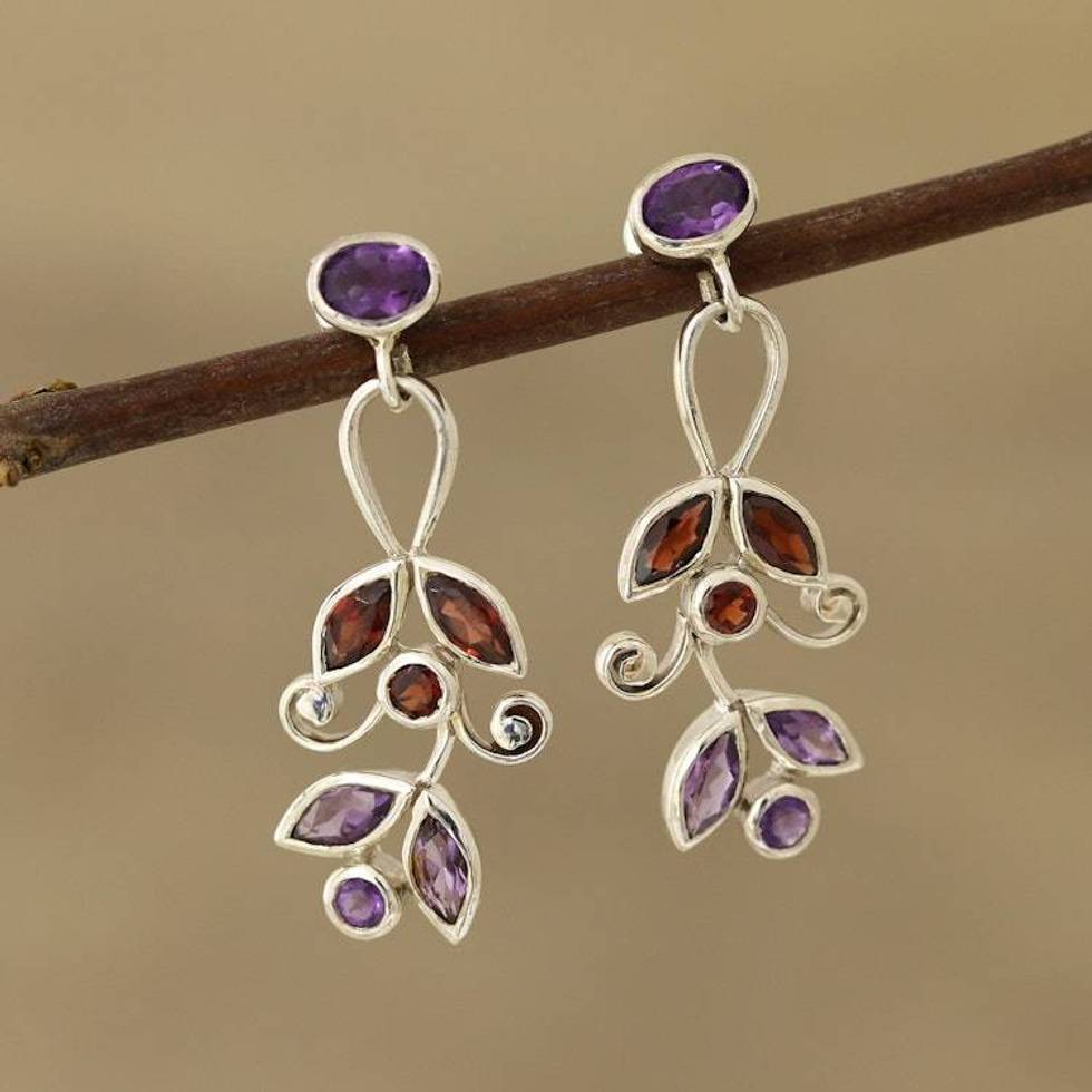 Amethyst and Garnet Dangle Earrings from India 'Leafy Dazzle'
