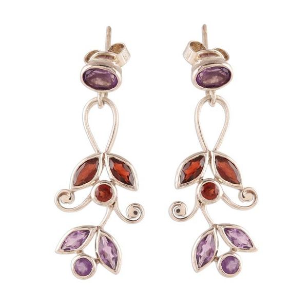 Alternate image for Amethyst and Garnet Dangle Earrings from India Leafy Dazzle