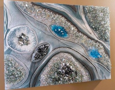 Primary image for Ocean Green Resin Quartz Geode Painting | Abstract Moss Agate Original Art | Modern Contemporary Wall Decor Hanging Teal Artwork 18 x 24