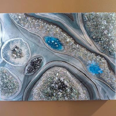 Alternate image for Ocean Green Resin Quartz Geode Painting | Abstract Moss Agate Original Art | Modern Contemporary Wall Decor Hanging Teal Artwork 18 x 24