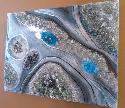 Alternate image for Ocean Green Resin Quartz Geode Painting | Abstract Moss Agate Original Art | Modern Contemporary Wall Decor Hanging Teal Artwork 18 x 24