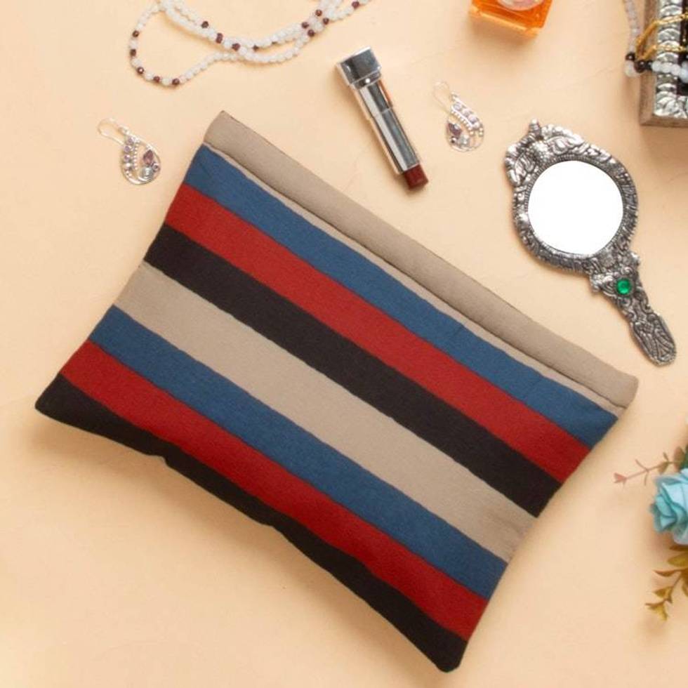 Hand-Block Printed Striped Cotton Toiletry Case Travel Pouch 'Chic Basics'