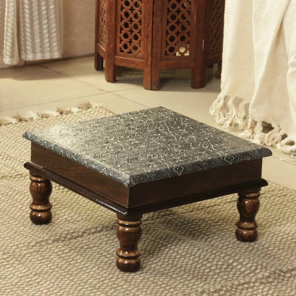 Floral Embossed Brass Wood Chowki Table Stool and Ottoman 'Palace in Paradise'
