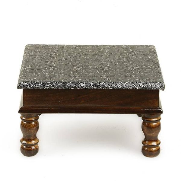 Alternate image for Floral Embossed Brass Wood Chowki Table Stool and Ottoman Palace in Paradise
