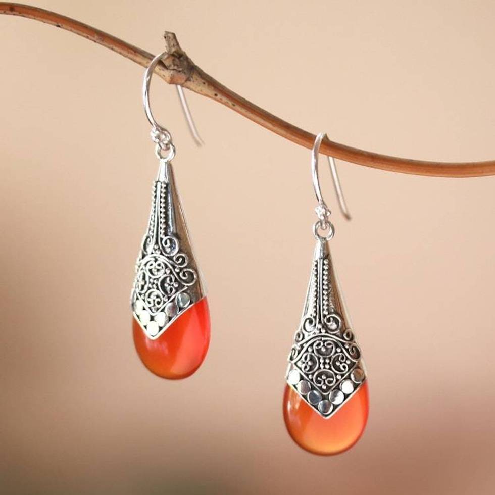 Wine-Red Chalcedony and Sterling Silver Dangle Earrings 'Puncak Jaya in Red'