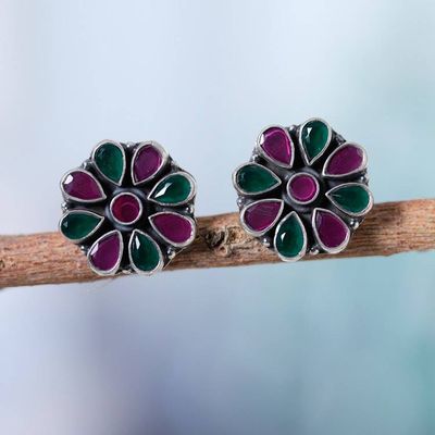 Primary image for 925 Silver Floral Button Earrings with Pink and Green Onyx Delightful Blend