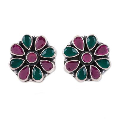 Alternate image for 925 Silver Floral Button Earrings with Pink and Green Onyx Delightful Blend