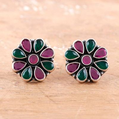 Alternate image for 925 Silver Floral Button Earrings with Pink and Green Onyx Delightful Blend