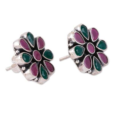 Alternate image for 925 Silver Floral Button Earrings with Pink and Green Onyx Delightful Blend