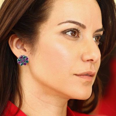 Alternate image for 925 Silver Floral Button Earrings with Pink and Green Onyx Delightful Blend