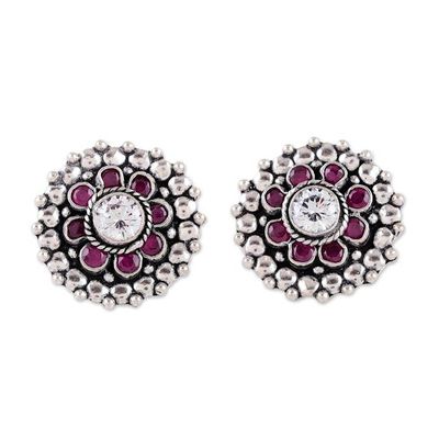 Alternate image for Pink Onyx Cubic Zirconia and Silver Floral Button Earrings Dotted Blossom