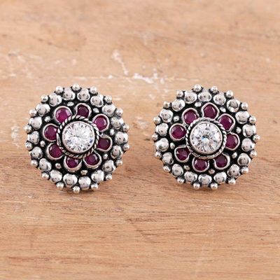 Alternate image for Pink Onyx Cubic Zirconia and Silver Floral Button Earrings Dotted Blossom