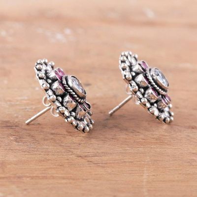 Alternate image for Pink Onyx Cubic Zirconia and Silver Floral Button Earrings Dotted Blossom