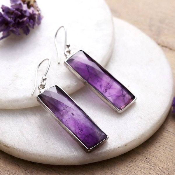 Alternate image for Faceted 28-Carat Checkerboard Cut Amethyst Dangle Earrings Idol of Wisdom