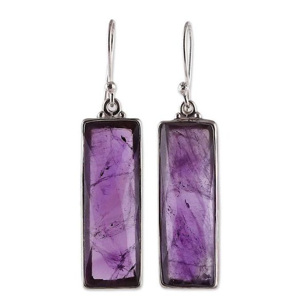 Alternate image for Faceted 28-Carat Checkerboard Cut Amethyst Dangle Earrings Idol of Wisdom