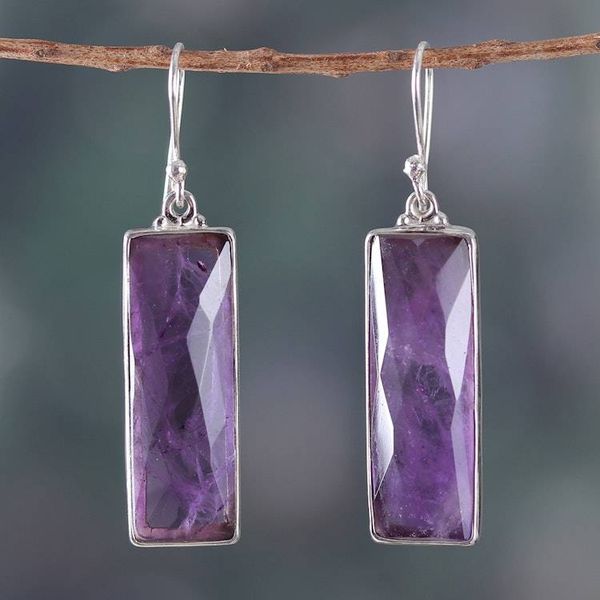 Alternate image for Faceted 28-Carat Checkerboard Cut Amethyst Dangle Earrings Idol of Wisdom