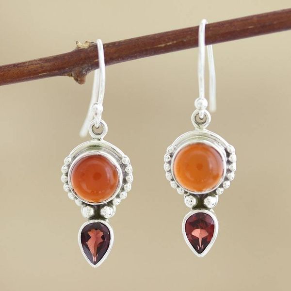 Alternate image for Sterling Silver Carnelian and Garnet Dangle Earrings India Indian Fire