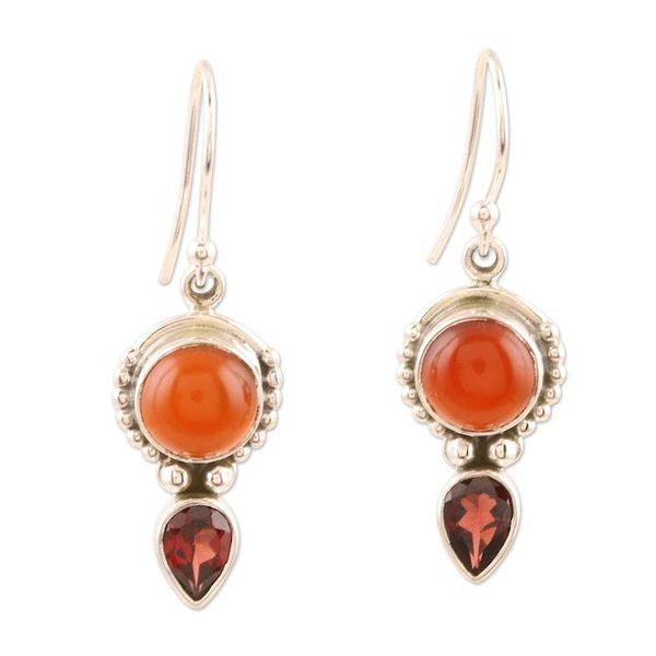 Alternate image for Sterling Silver Carnelian and Garnet Dangle Earrings India Indian Fire