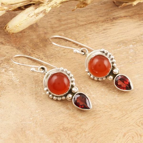 Alternate image for Sterling Silver Carnelian and Garnet Dangle Earrings India Indian Fire