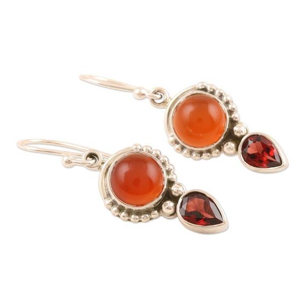 Alternate image for Sterling Silver Carnelian and Garnet Dangle Earrings India Indian Fire